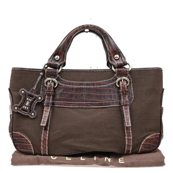 CELINE Boogie Macadam Charm Hand Tote Bag Canvas Embossing Leather Brown 69KA854 - Picture 1 of 16